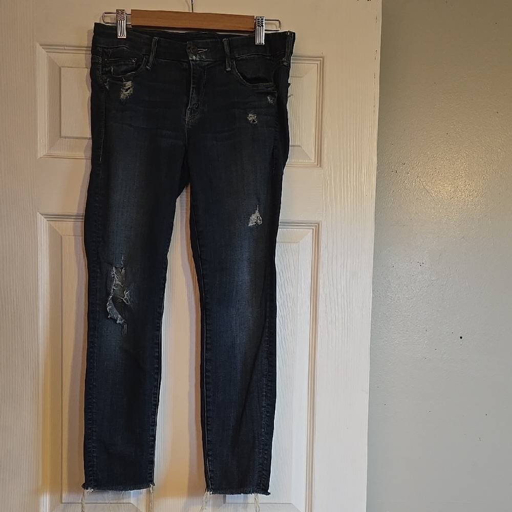 MOTHER Blue Ankle Cropped Jeans with Distressed Details